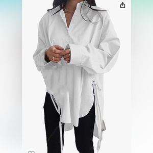Long Sleeve Button Down Shirt Asymmetrical Casual Lace Up Oversized Tunic White